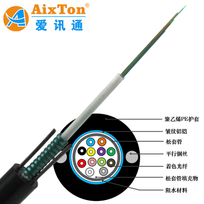 Outdoor Single Mode 2,4,6,8,12, 24 Count Fiber Optic GYXTW G652D Serat Dengan Kawat Baja Kabel Bulat Lapisan